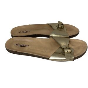 Lucky Brand Women's Sandals Size 9M Gold "Dolliee" Slip On Bow Detail Adjustable